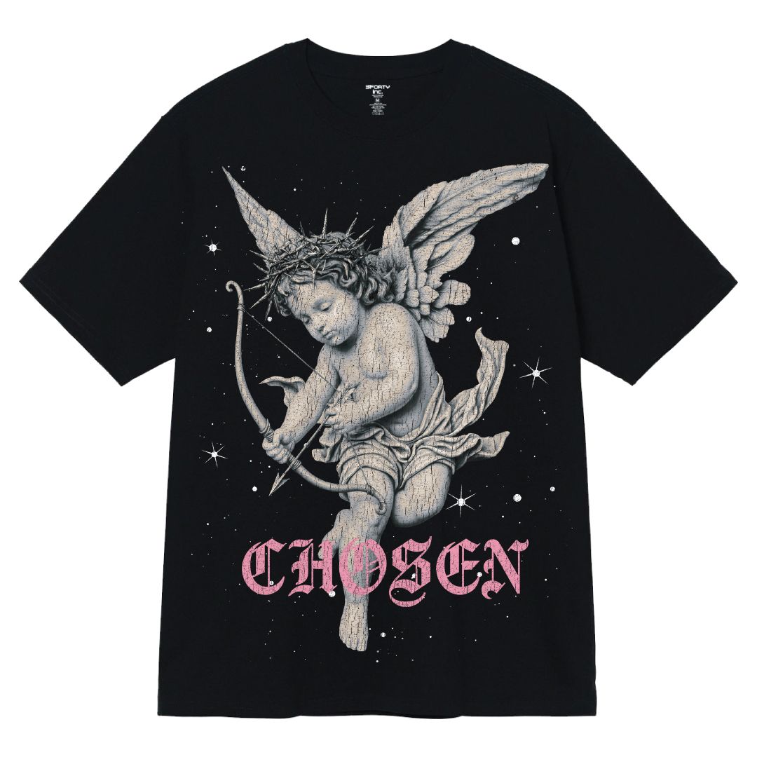 Black t-shirt with an angel graphic and 'CHosen' text on a white background