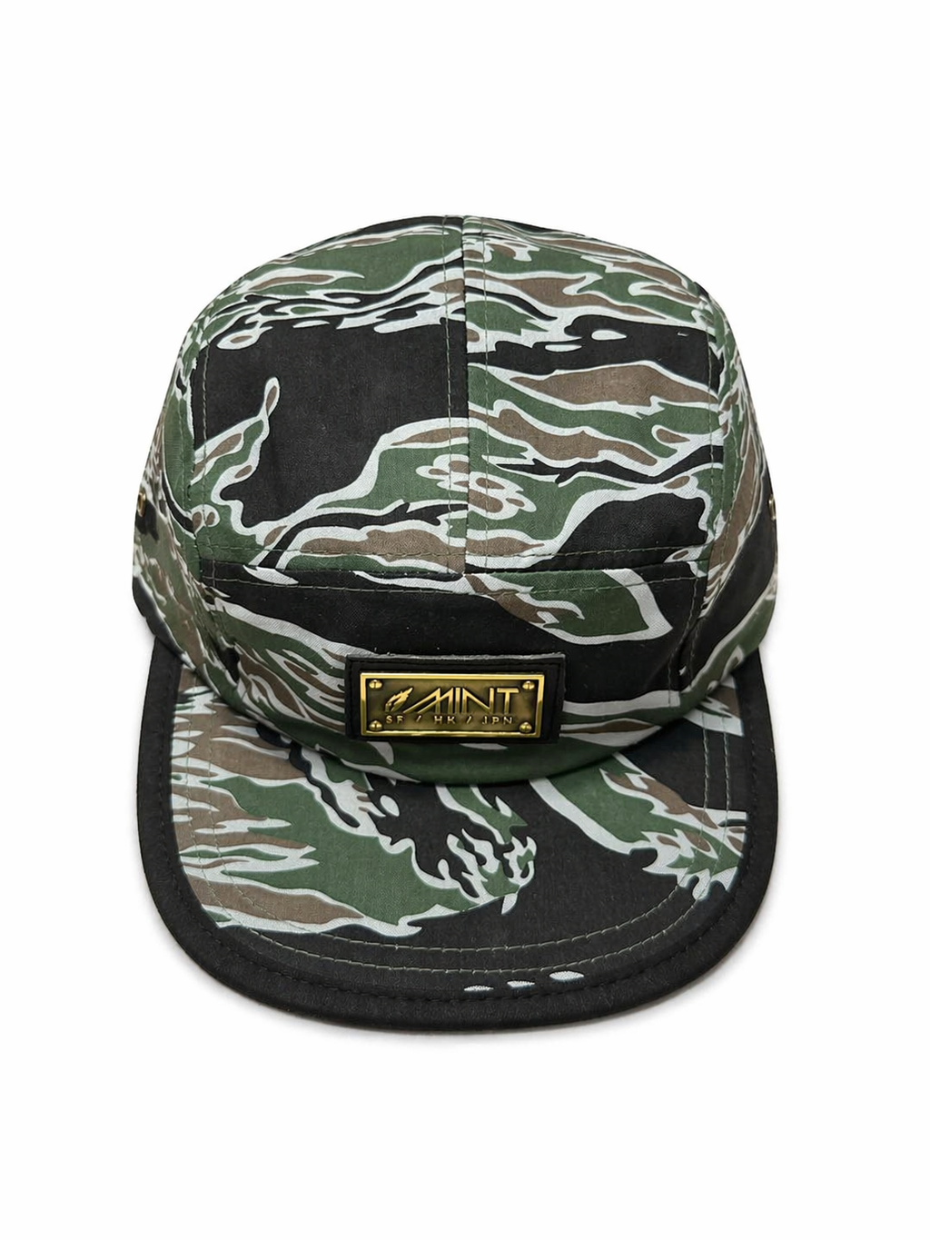 Camouflage-patterned cap with a brand logo on a white background