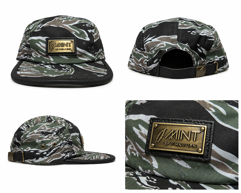 Camouflage cap with a brand logo on a white background