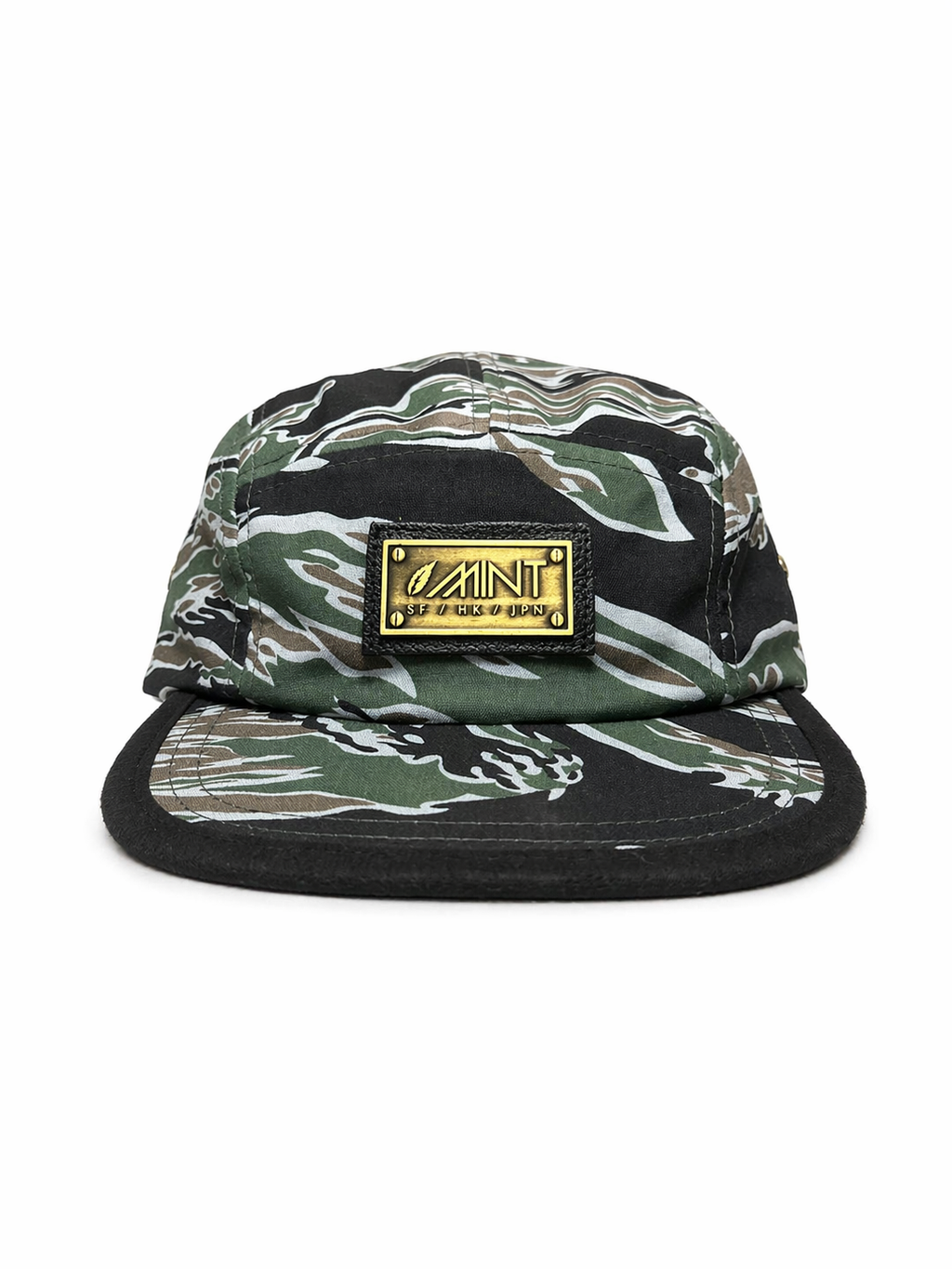 Camouflage-patterned cap with a brand logo on a white background