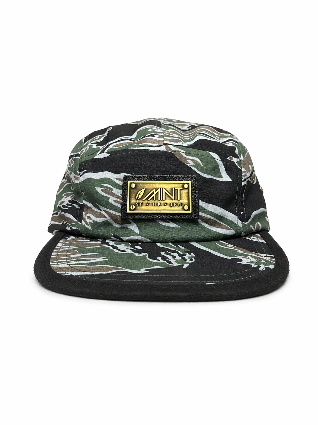 Camouflage-patterned cap with a brand logo on a white background