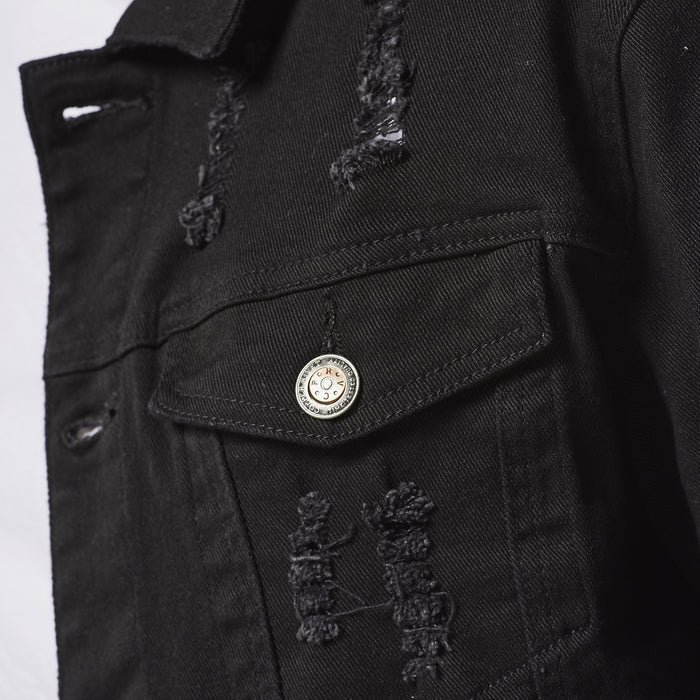 Distressed Basic Denim Jacket In Black