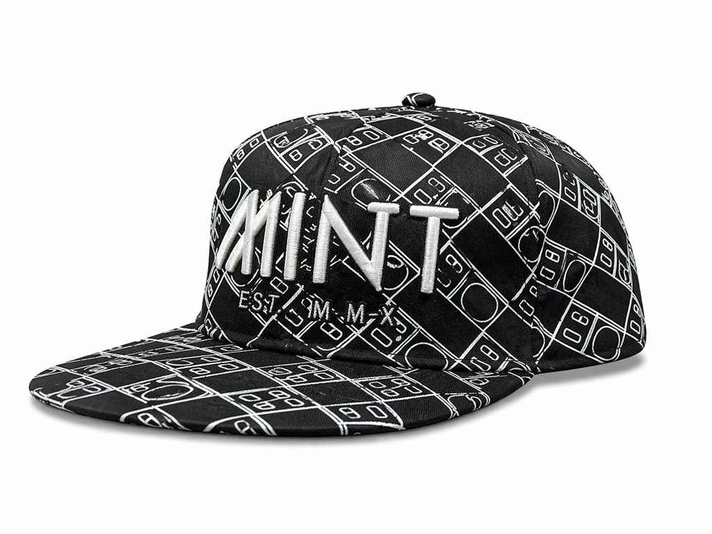 Black cap with white geometric pattern and 'MINT' branding on a white background