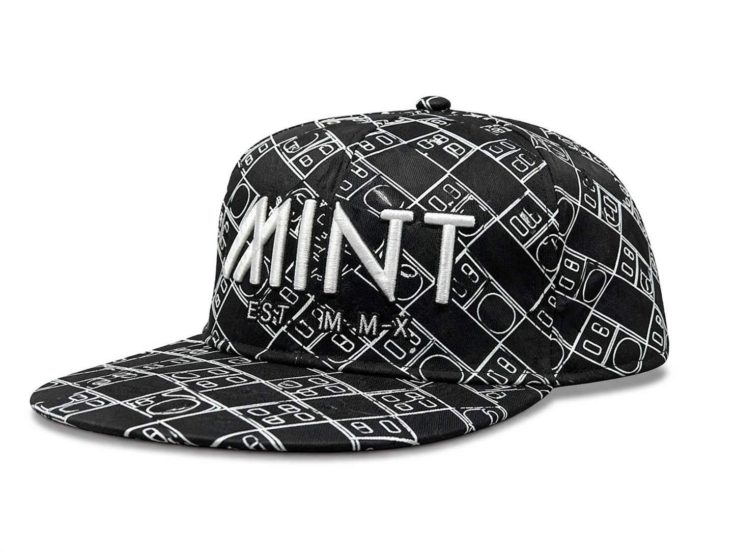Black cap with white geometric pattern and 'MINT' branding on a white background