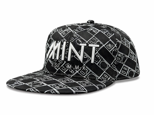 Black cap with white geometric pattern and 'MINT' branding on a white background