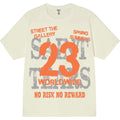 Beige t-shirt with orange and gray text on a white background