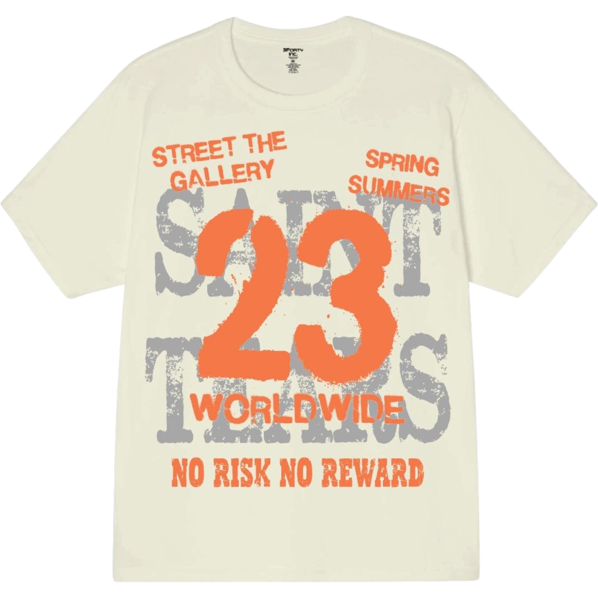 Beige t-shirt with orange and gray text on a white background