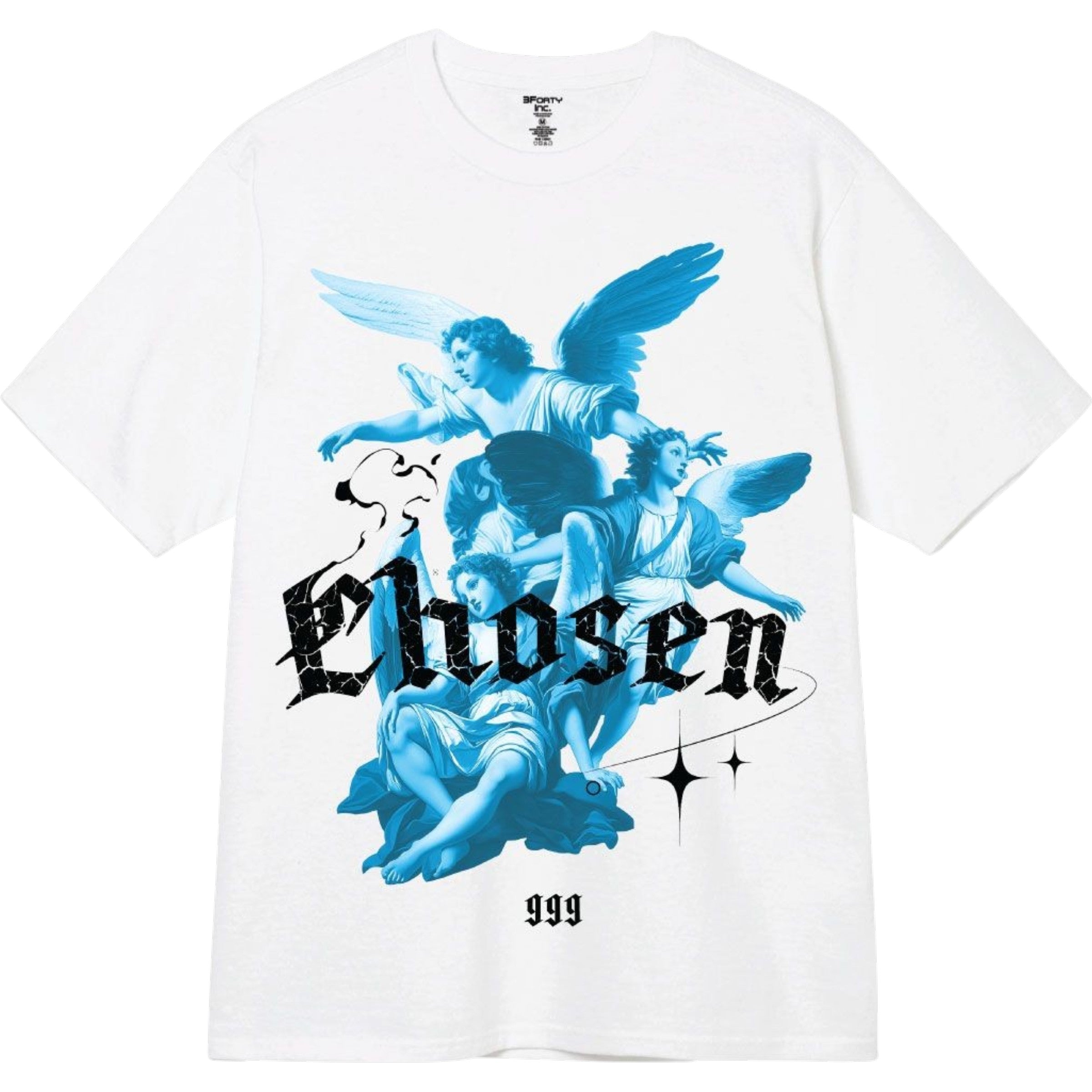 White t-shirt with blue angel graphic and 'Chosen' text on a white background