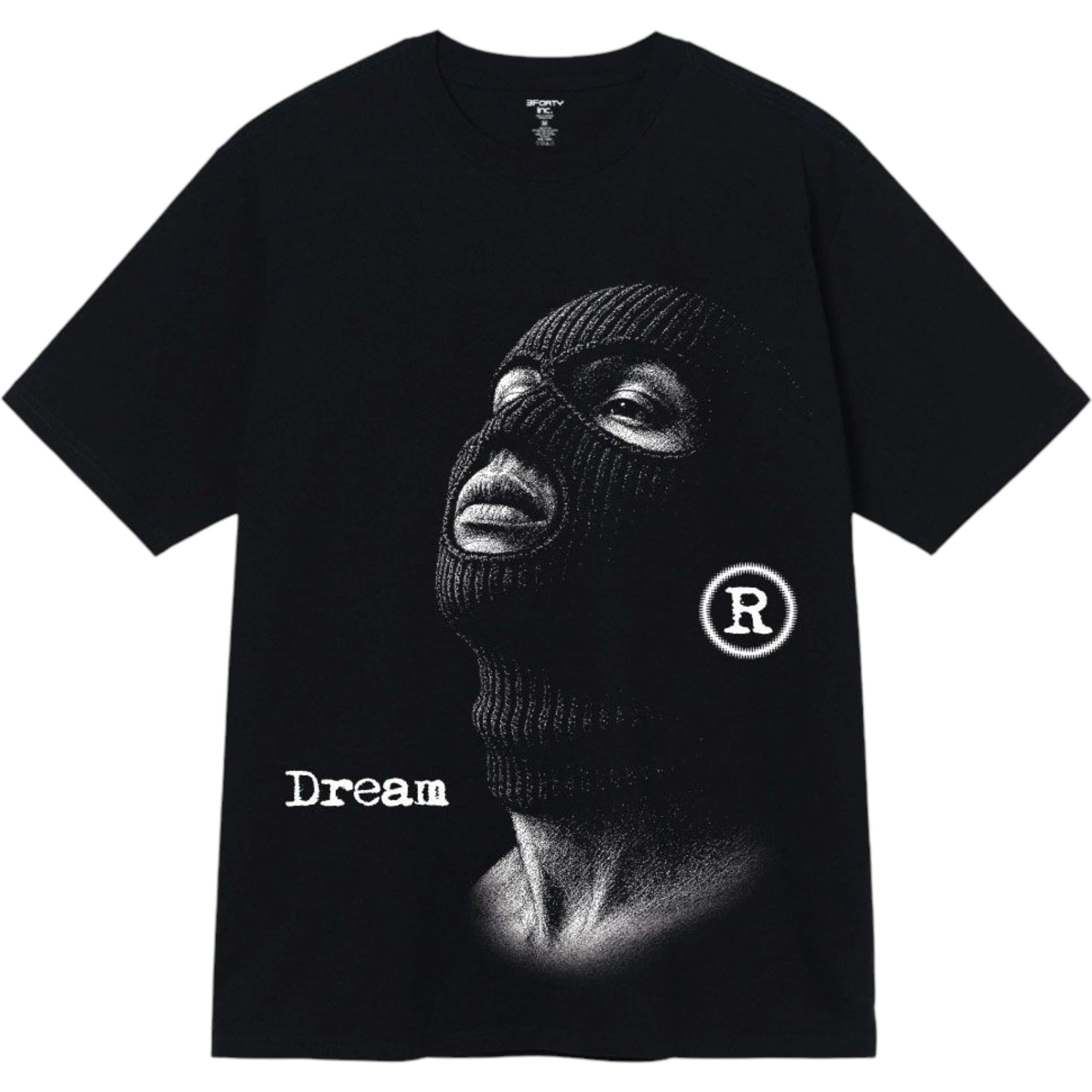 Black t-shirt with a graphic of a person wearing a balaclava and the word 'Dream' on a white background