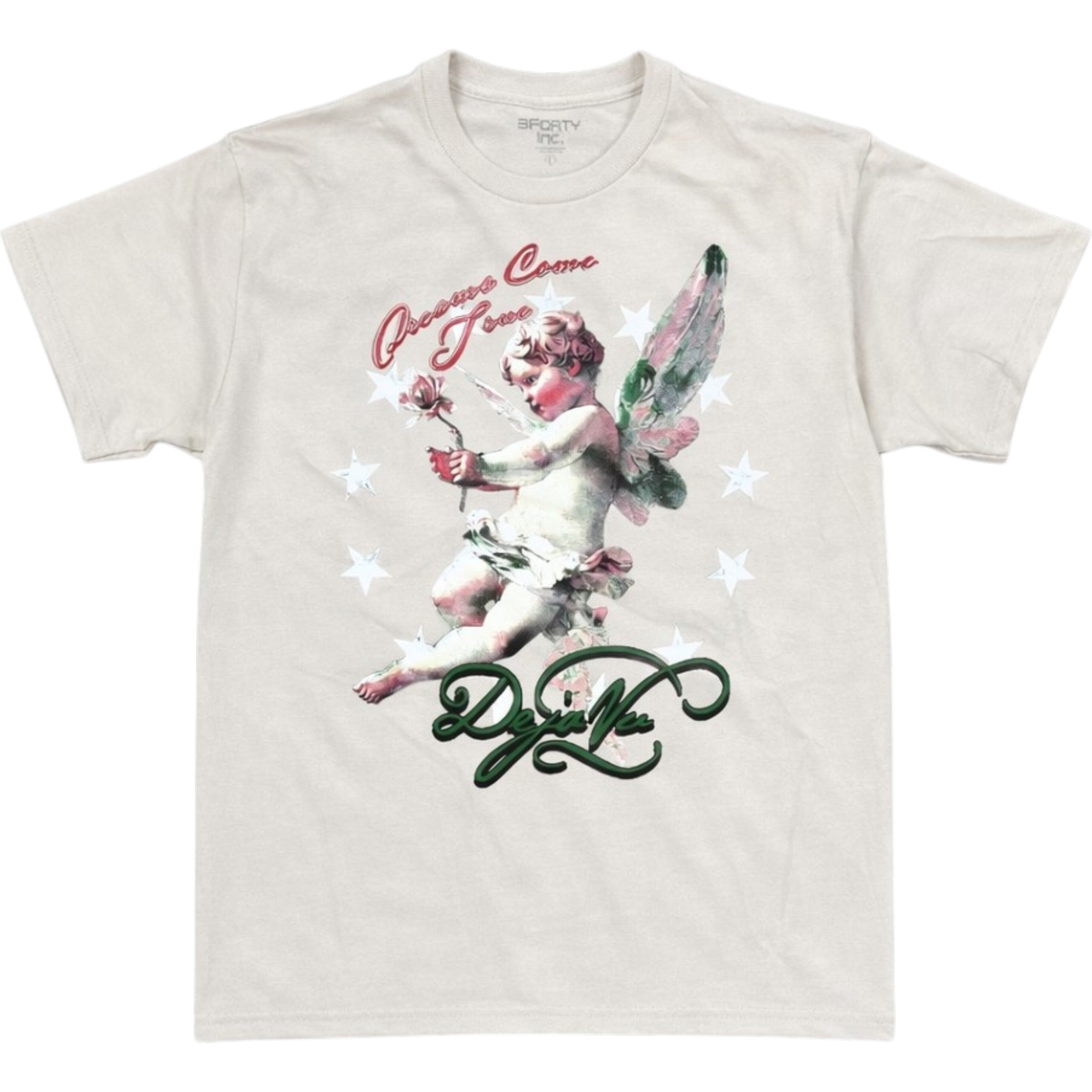 T-shirt with angel graphic and text on a white background