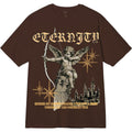 Brown t-shirt with angel graphic and 'Eternity' text on a white background