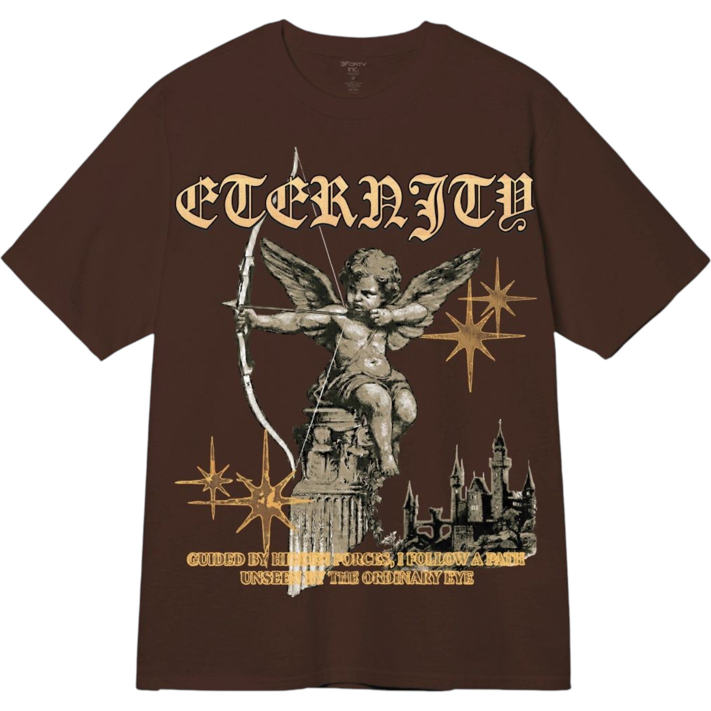 Brown t-shirt with angel graphic and 'Eternity' text on a white background