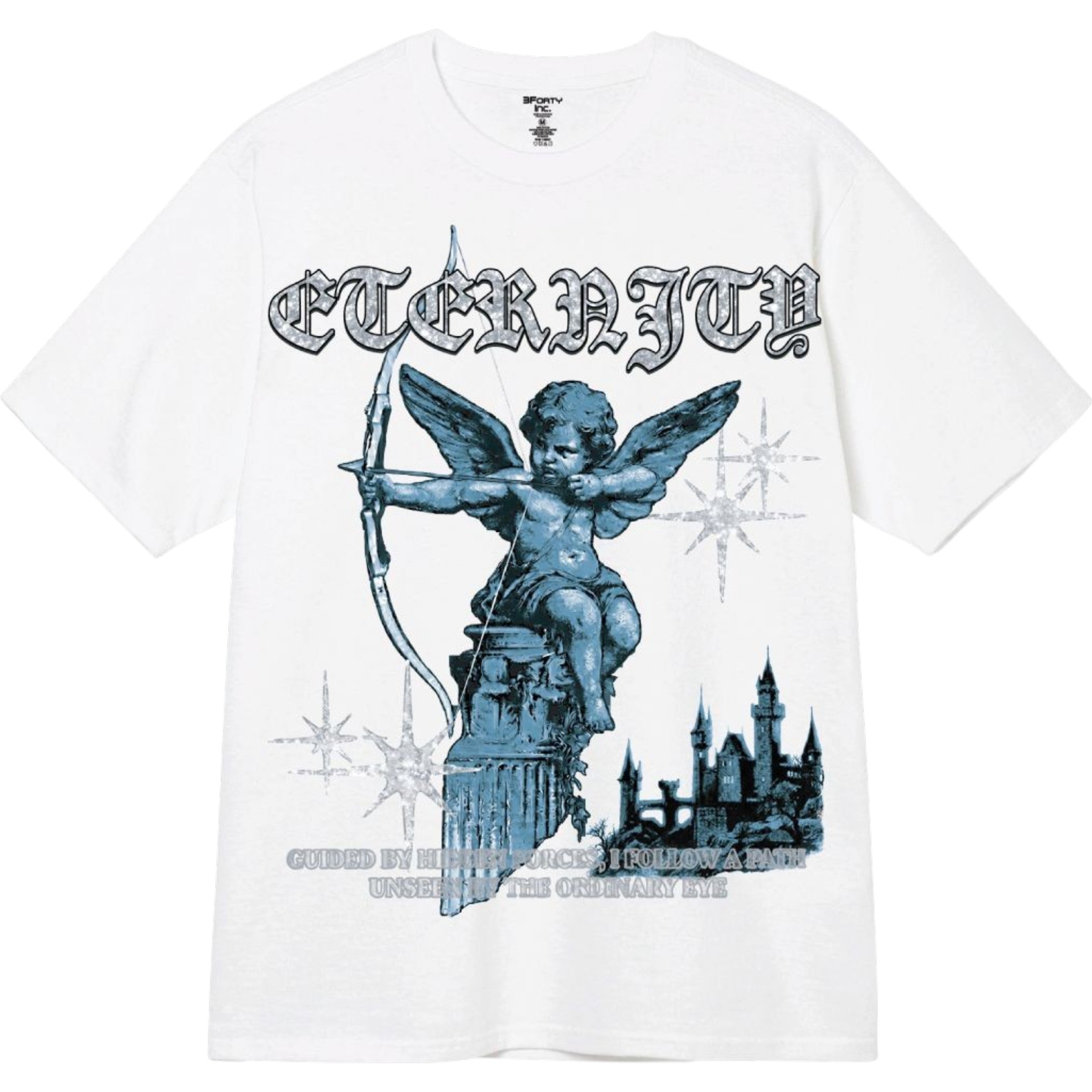 White t-shirt with angel graphic and 'Eternity' text on a white background