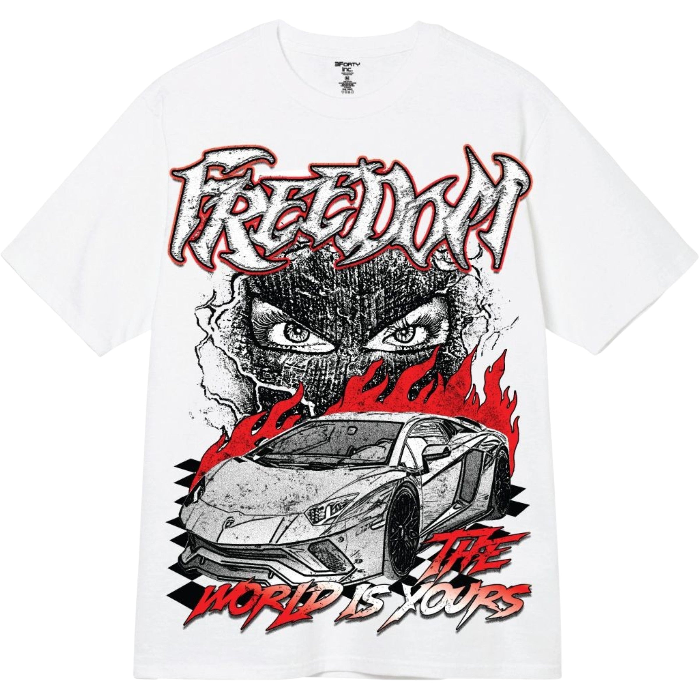White t-shirt with a graphic design of a car, flames, and text on a white background