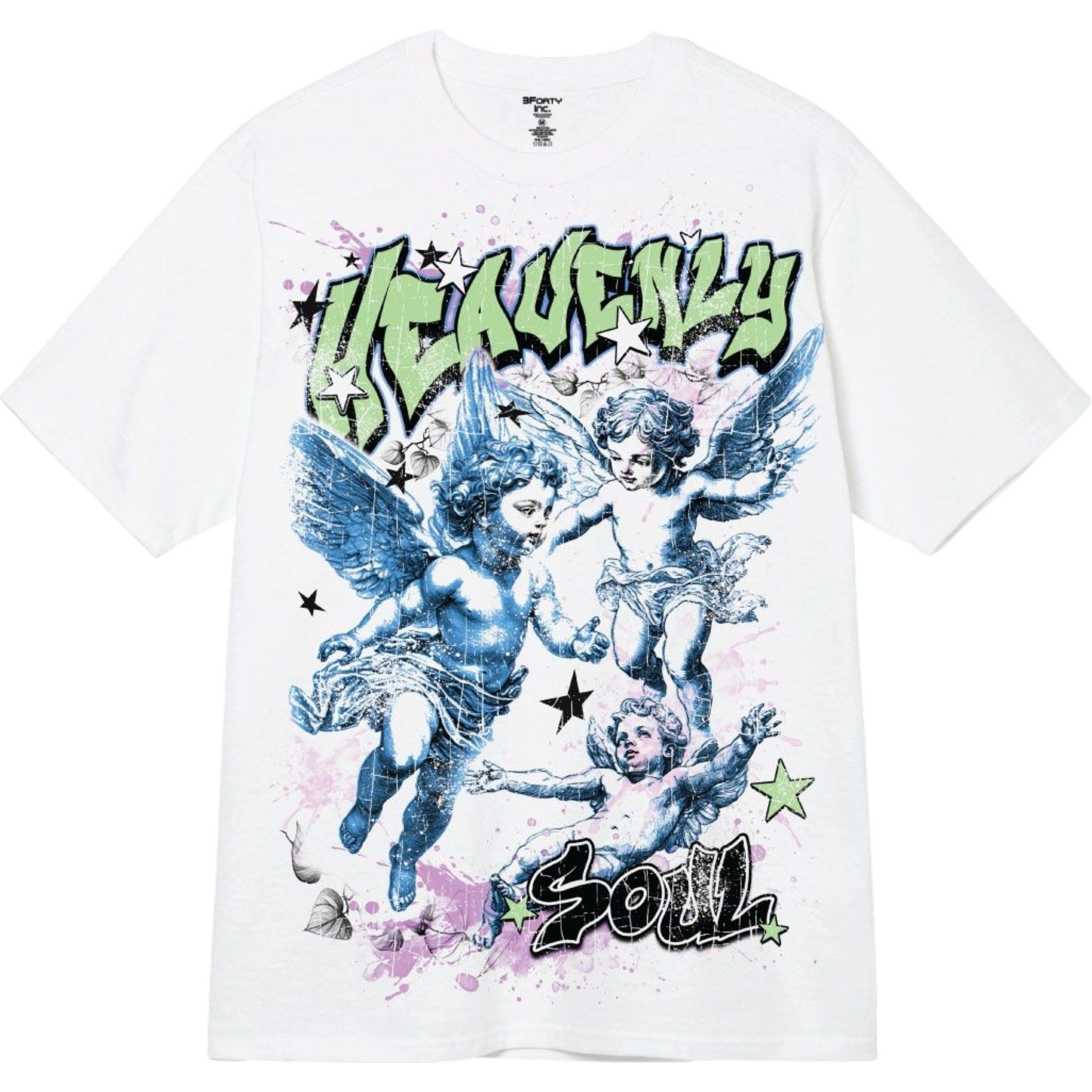 White t-shirt with angel graphic and 'Heavenly Soul' text on a white background