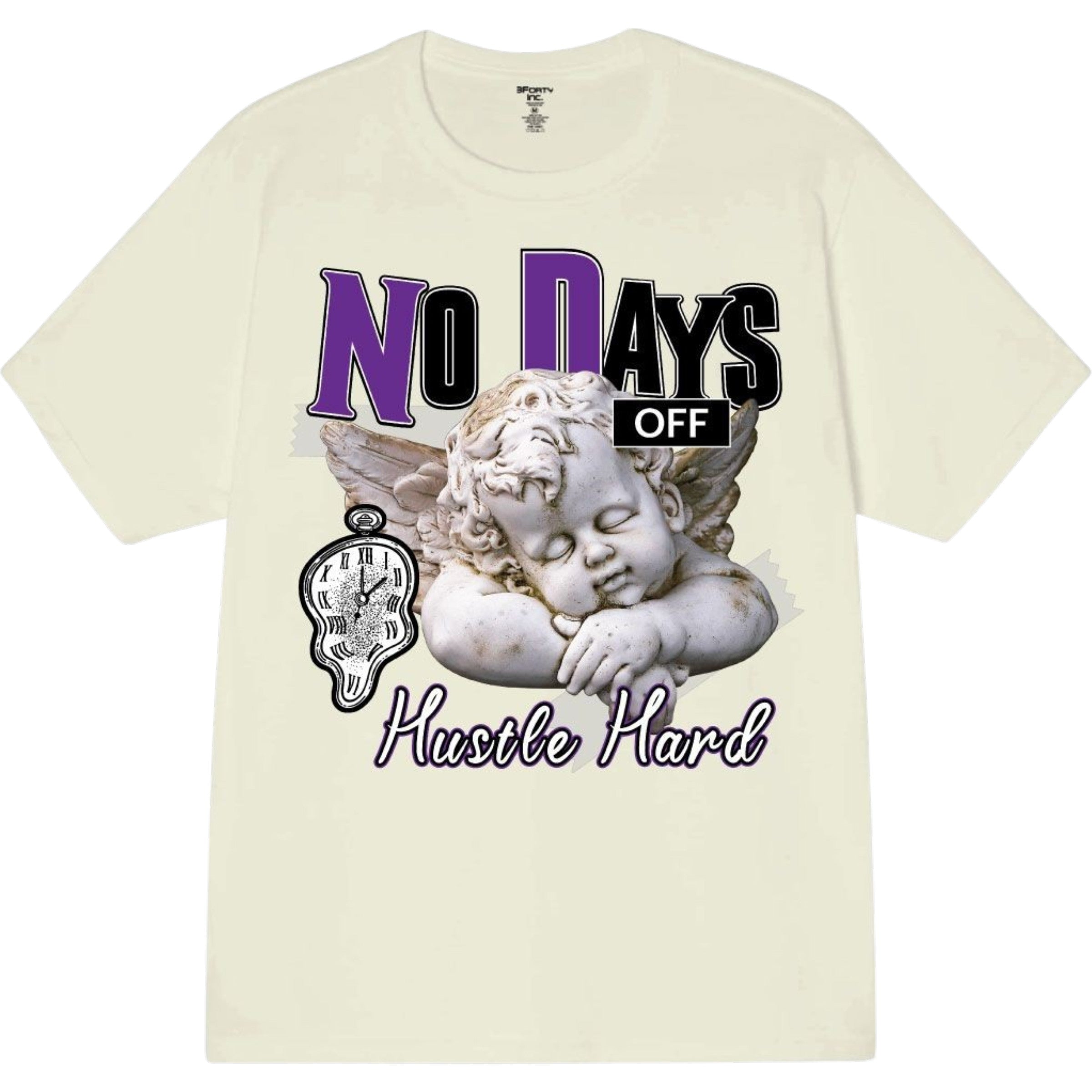 Beige t-shirt with angel graphic, clock, and text 'No Days Off Hustle Hard' on a white background