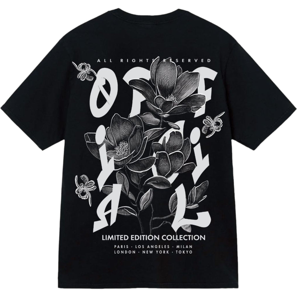 Black t-shirt with floral design and text on a white background