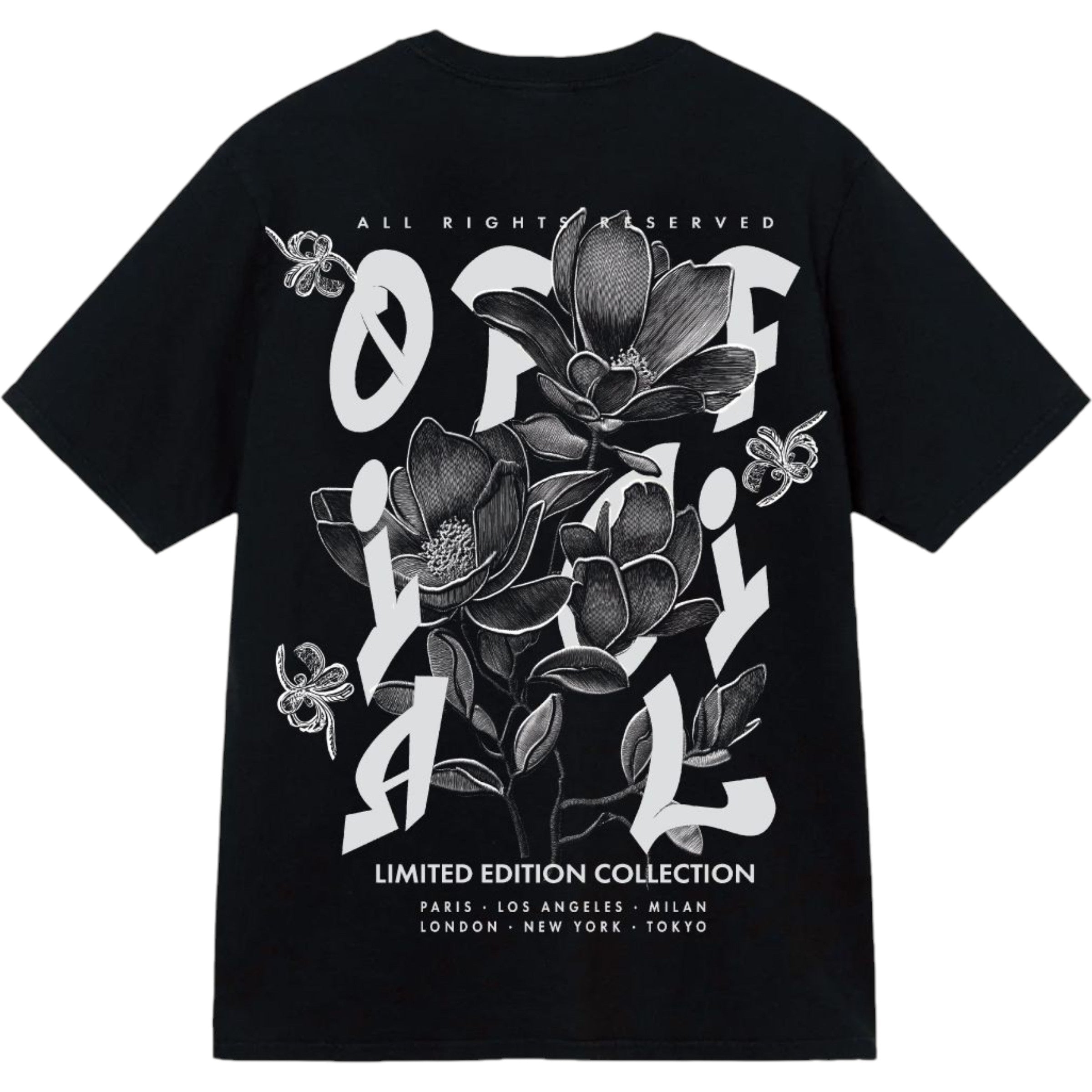 Black t-shirt with floral design and text on a white background