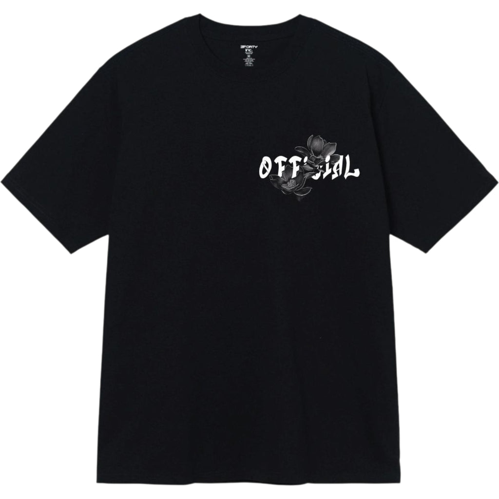 Black t-shirt with 'OFFICIAL' text and floral design on a white background