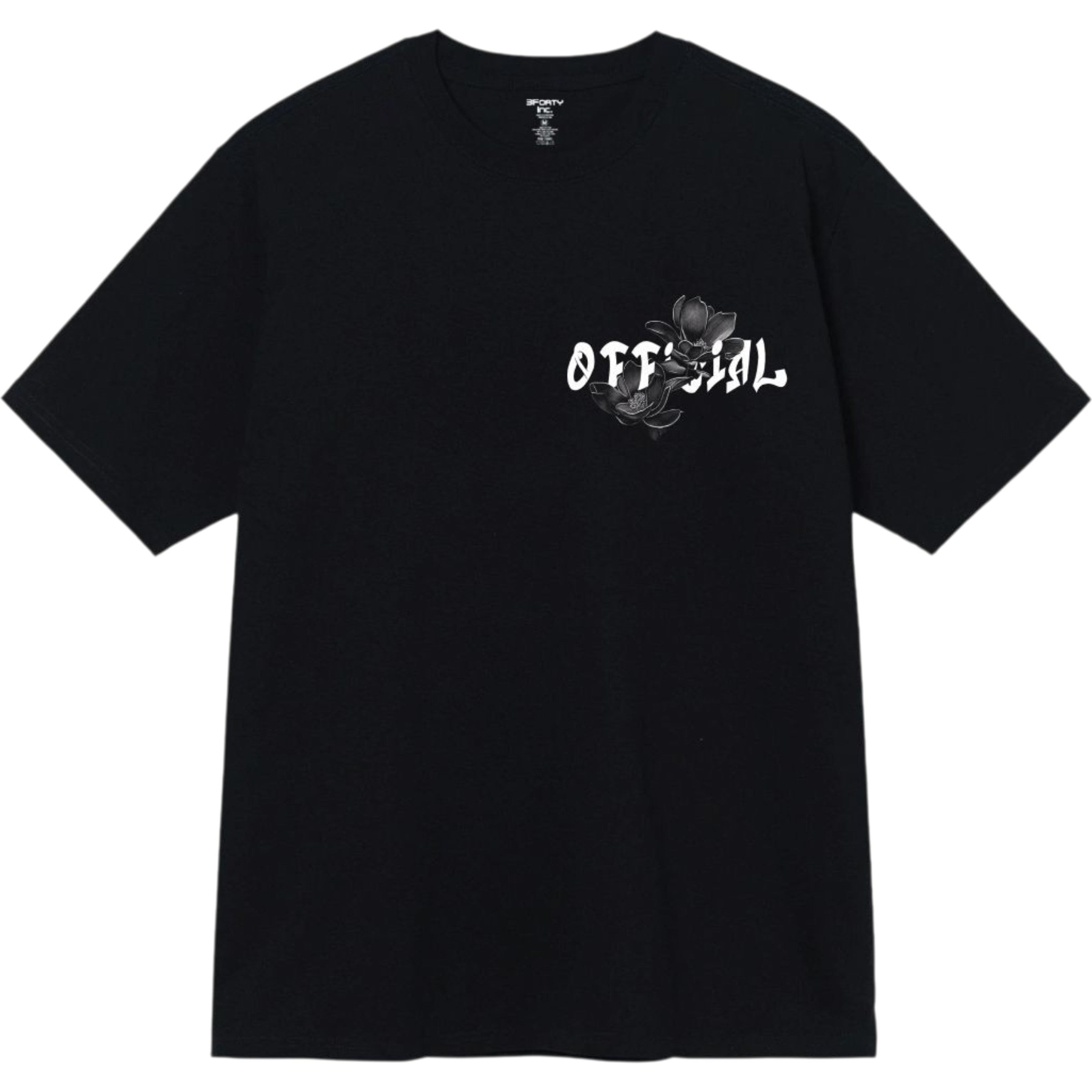 Black t-shirt with 'OFFICIAL' text and floral design on a white background