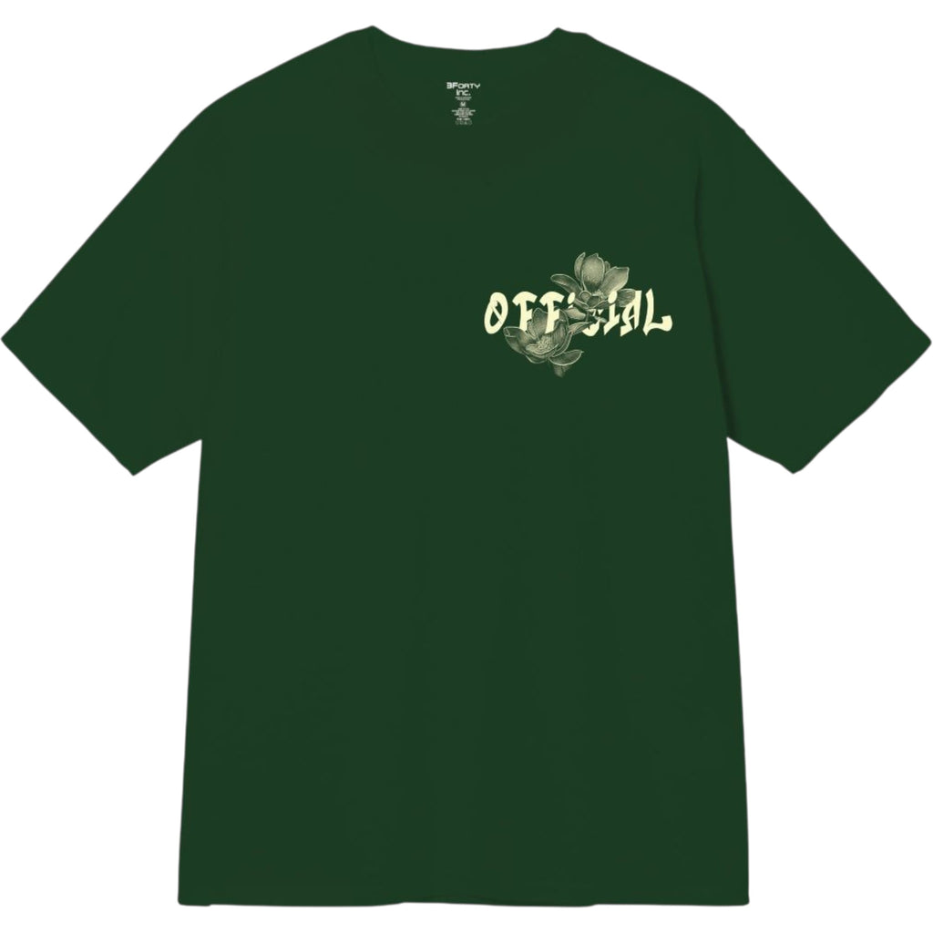 Green t-shirt with floral design and text on a white background 3Forty Inc. Official T-Shirt (Green) – A177