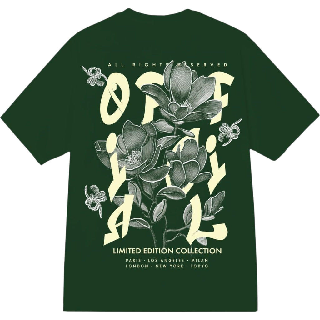 Green t-shirt with floral design and text on a white background
