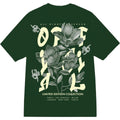 Green t-shirt with floral design and text on a white background