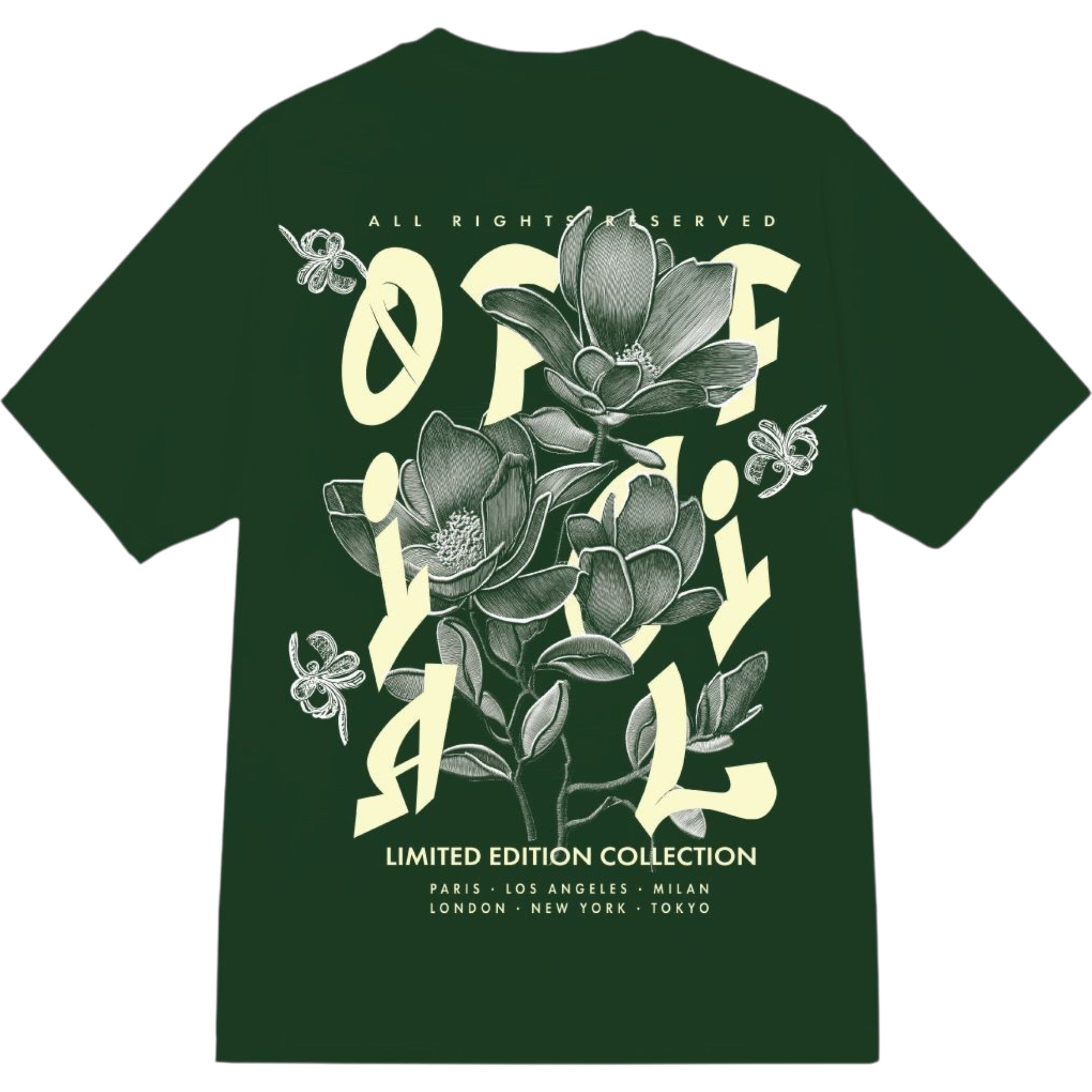 Green t-shirt with floral design and text on a white background
