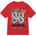 Red t-shirt with graphic design and text on a white background