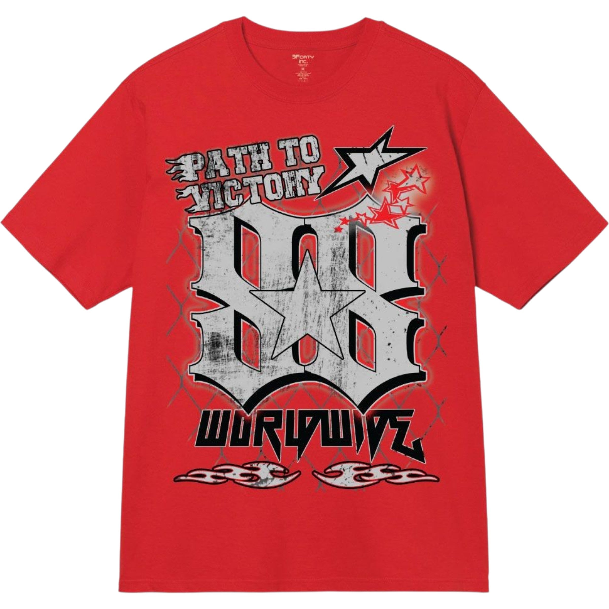 Red t-shirt with graphic design and text on a white background