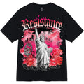 Black t-shirt with 'Resistance' graphic design featuring the Statue of Liberty on a pink and red background.
