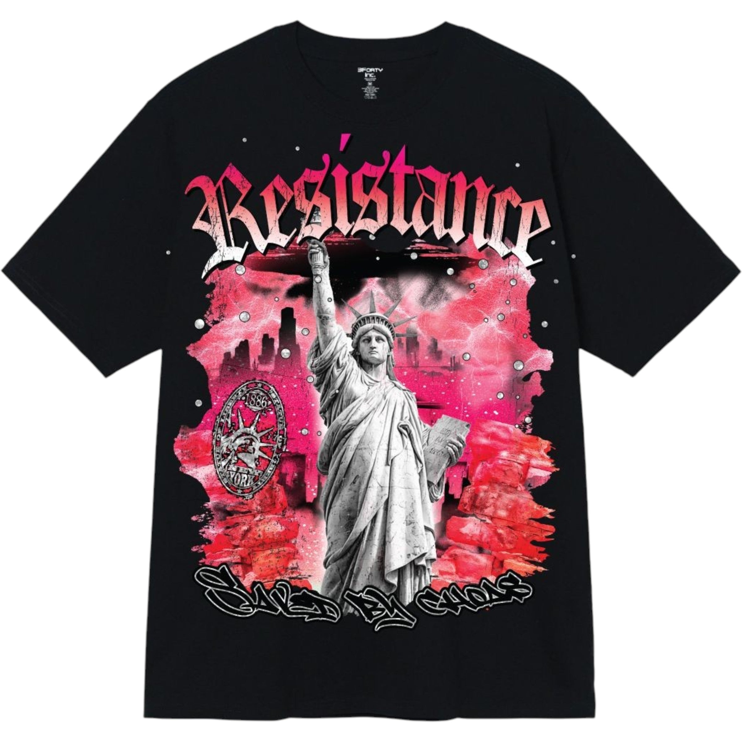 Black t-shirt with 'Resistance' graphic design featuring the Statue of Liberty on a pink and red background.