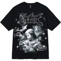 Black t-shirt with angel graphic and text on a white background