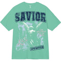 Green t-shirt with 'SAVIOR' text and graphic design on a white background