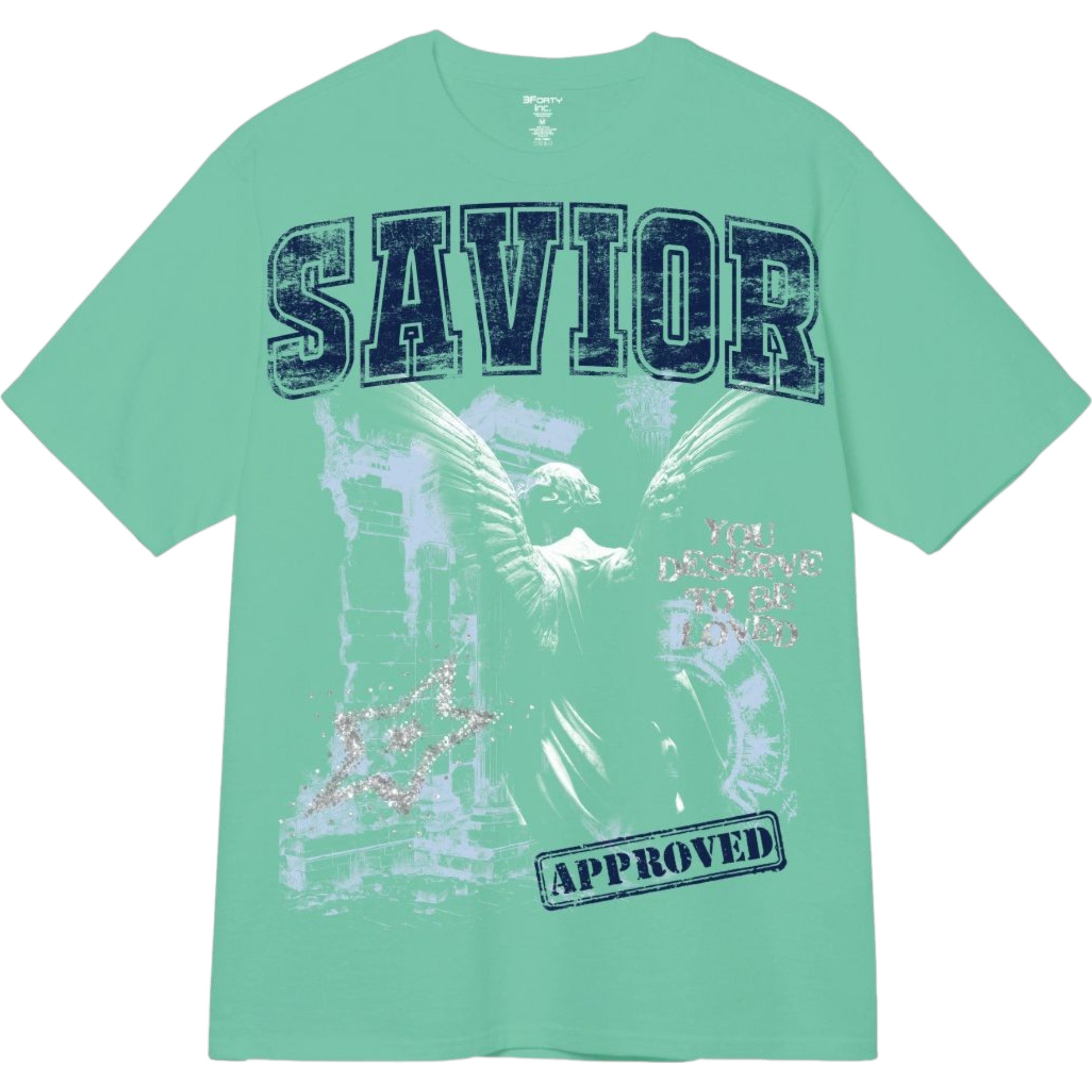 Green t-shirt with 'SAVIOR' text and graphic design on a white background
