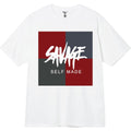 White t-shirt with 'Savage Self Made' graphic design on a white background