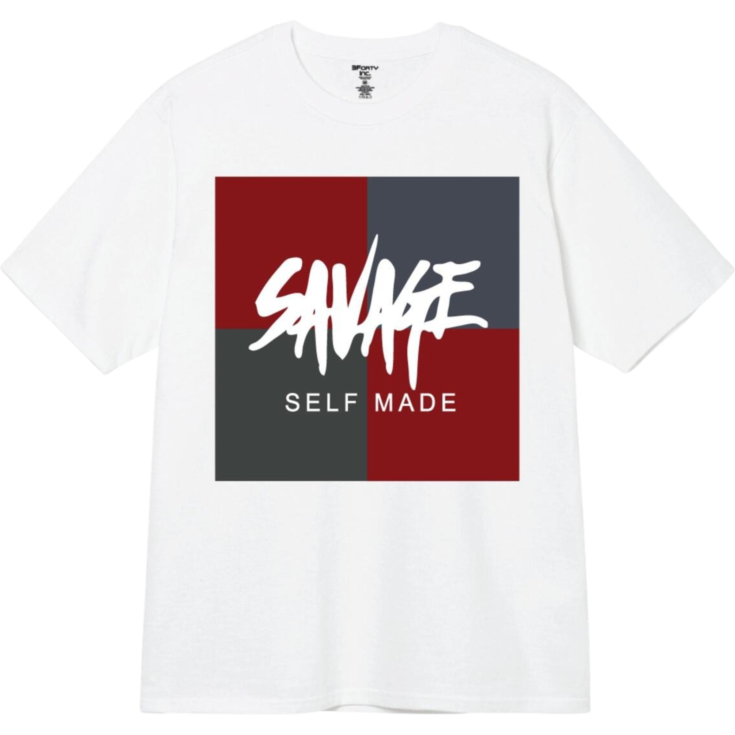 White t-shirt with 'Savage Self Made' graphic design on a white background