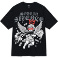 Black t-shirt with graphic design featuring a cherub, money, and text on a white background
