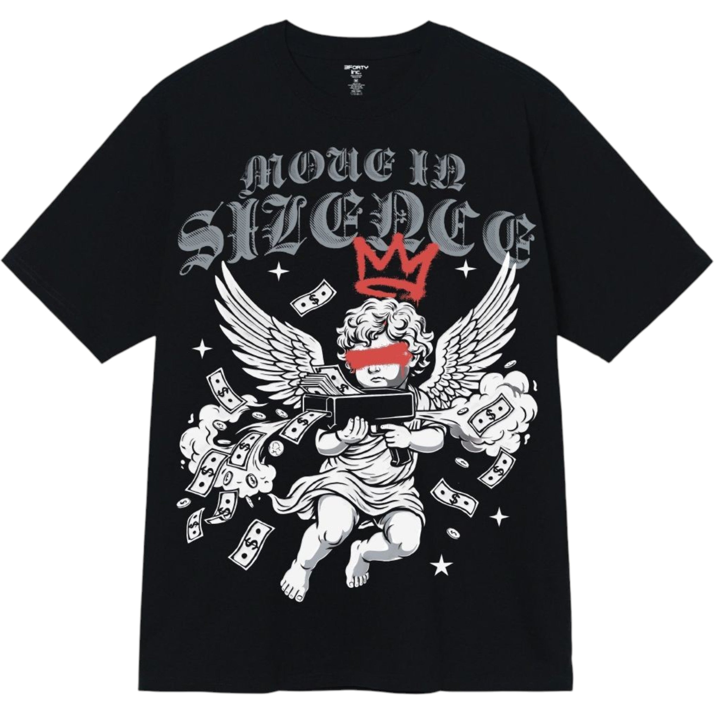 Black t-shirt with graphic design featuring a cherub, money, and text on a white background