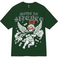 Green t-shirt with graphic design and text on a white background
