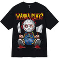 Black t-shirt with a graphic design of a character holding axes and 'Wanna Play?' text on a white background.