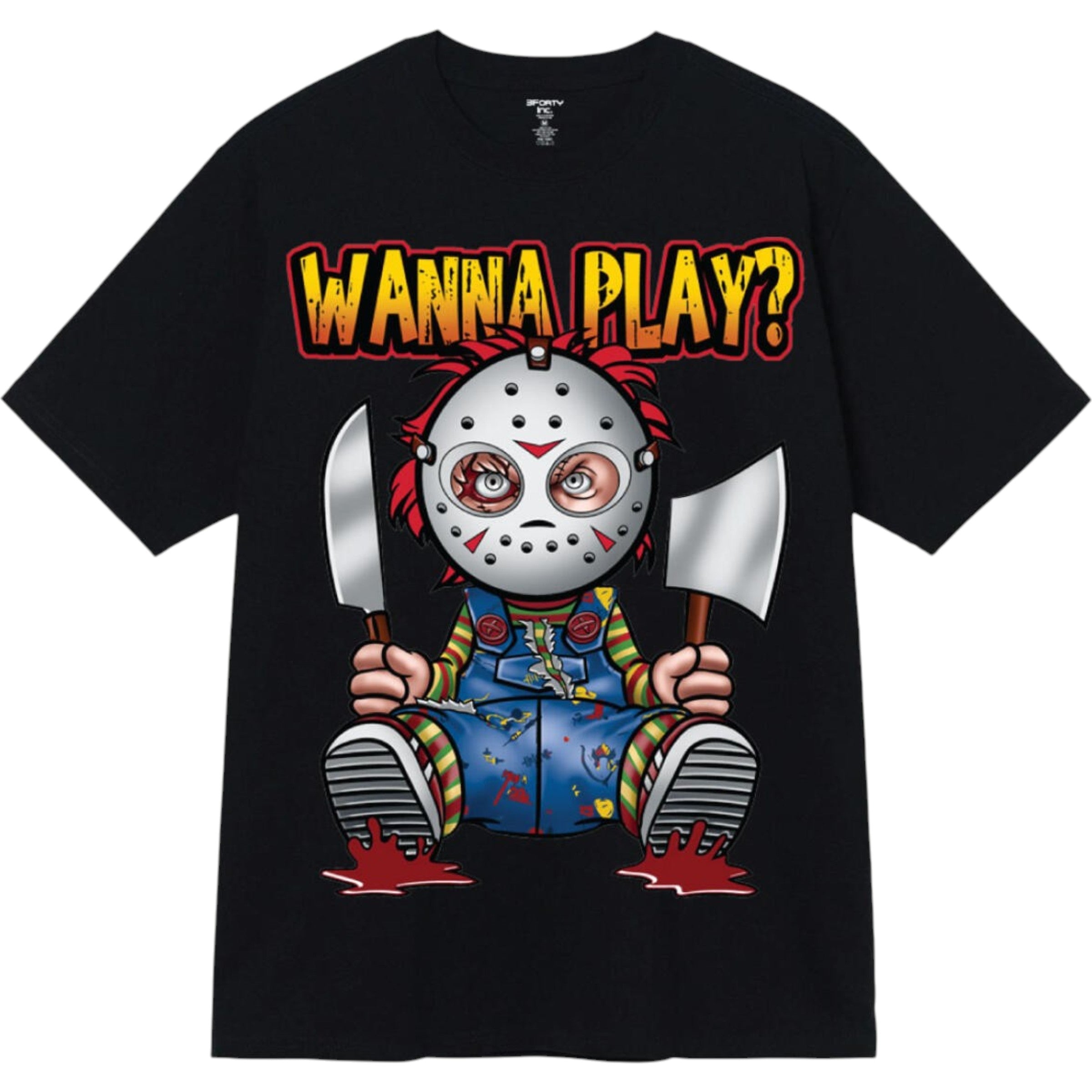 Black t-shirt with a graphic design of a character holding axes and 'Wanna Play?' text on a white background.