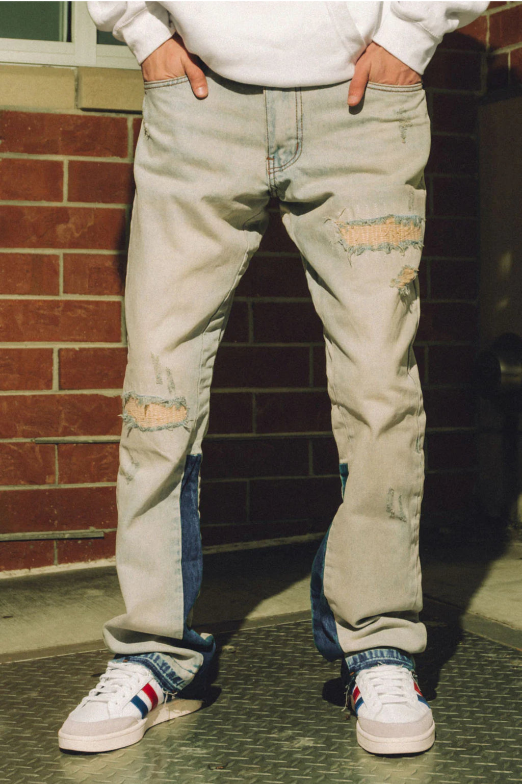 Men's Rip Repaired Stacked Flare Denim In Tint Blue