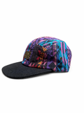 Colorful patterned cap with black brim on a white background