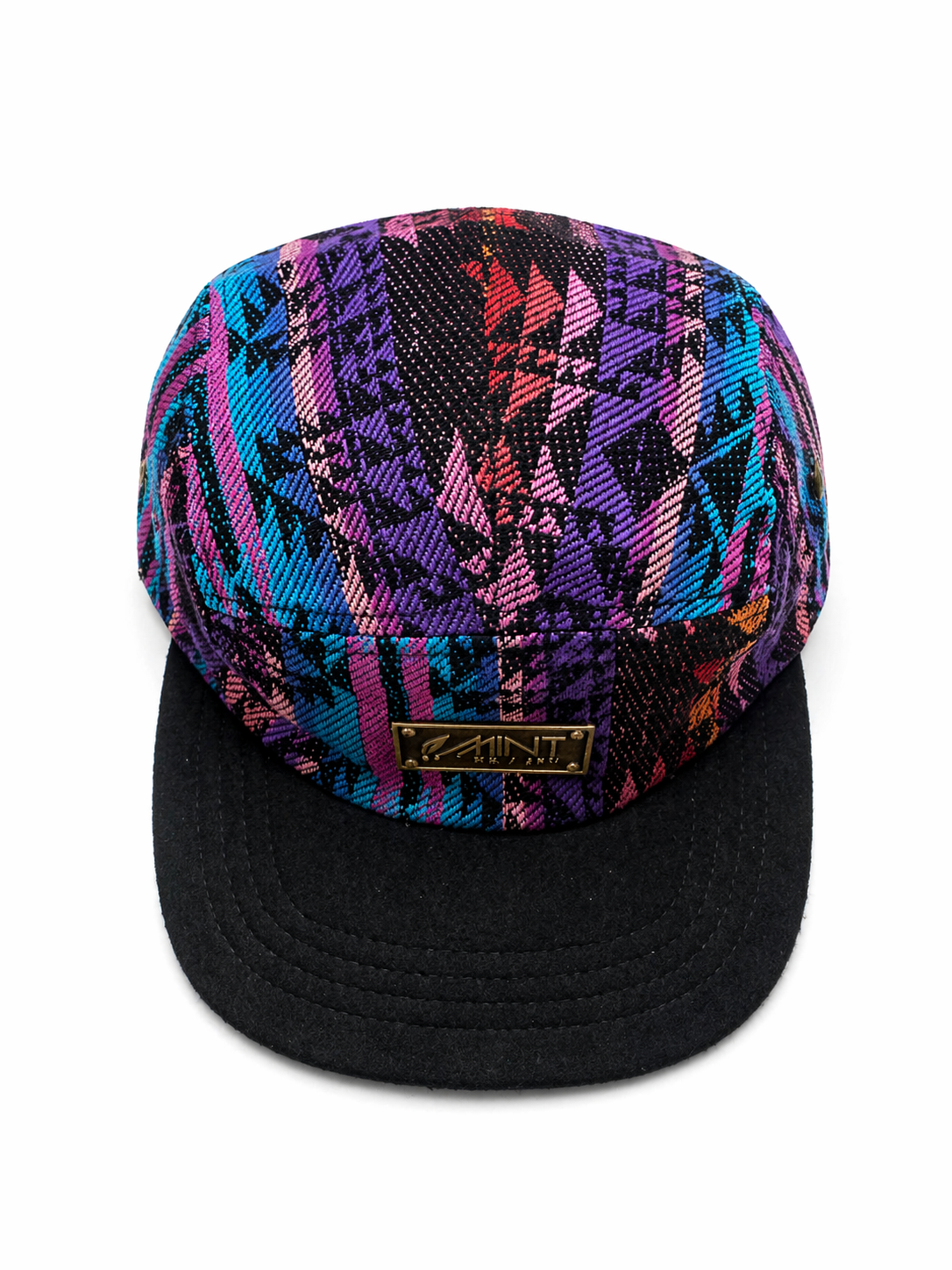 Colorful patterned cap with black brim on a white background