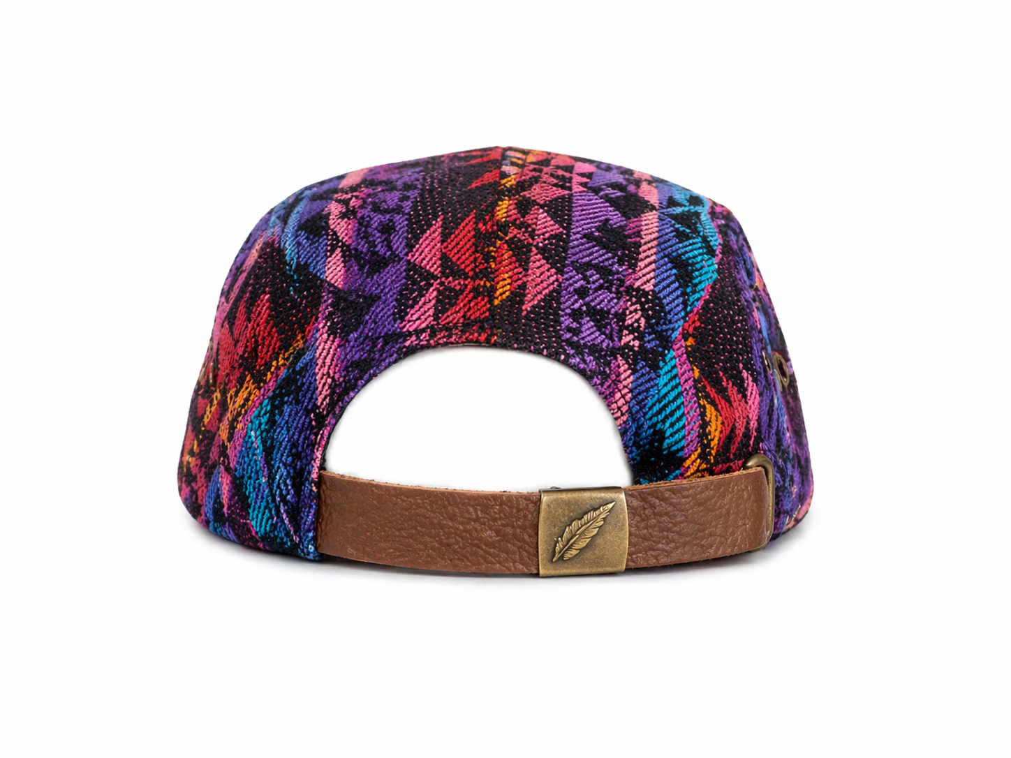 Colorful patterned cap with a brown band and gold emblem on a white background