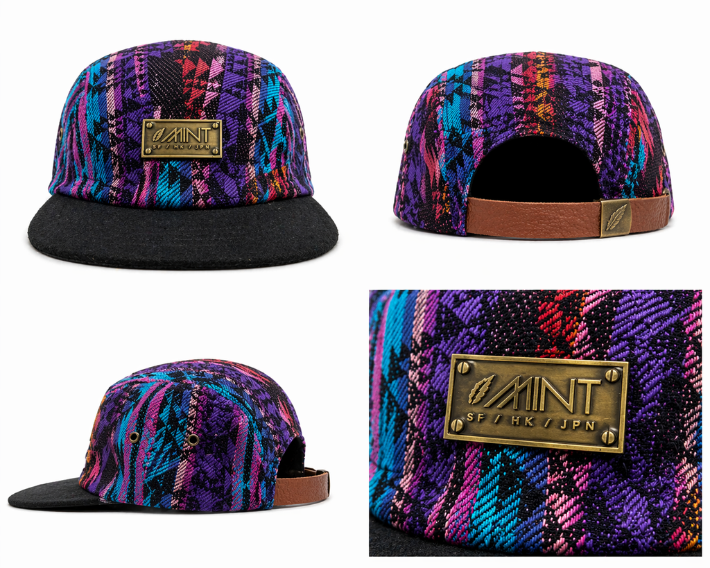 Multicolored patterned cap with a brand logo on a white background