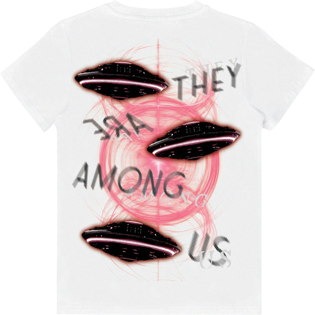 White t-shirt with alien UFOs and 'They Are Among Us' text design. BEAR THE BEAMS KIDS 'Close Encounter' T-Shirt (White)