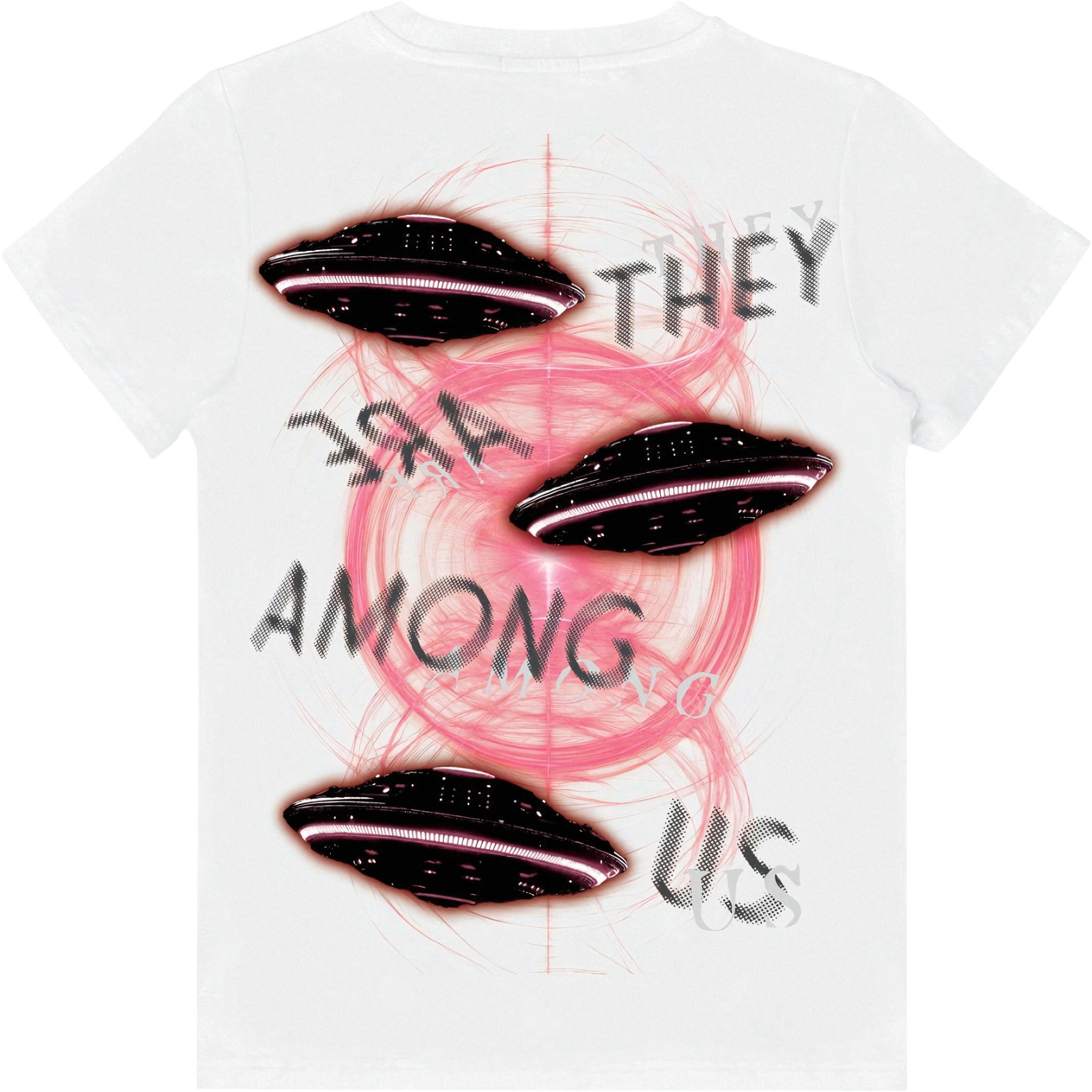 White t-shirt with alien UFOs and 'They Are Among Us' text design. BEAR THE BEAMS KIDS 'Close Encounter' T-Shirt (White)