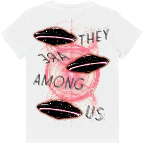 White t-shirt with alien UFOs and 'They Are Among Us' text design. BEAR THE BEAMS KIDS 'Close Encounter' T-Shirt (White)